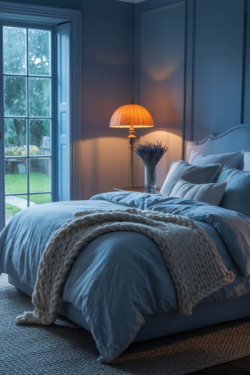 Blue bedroom with brass floor lamp and dried lavender on nightstand