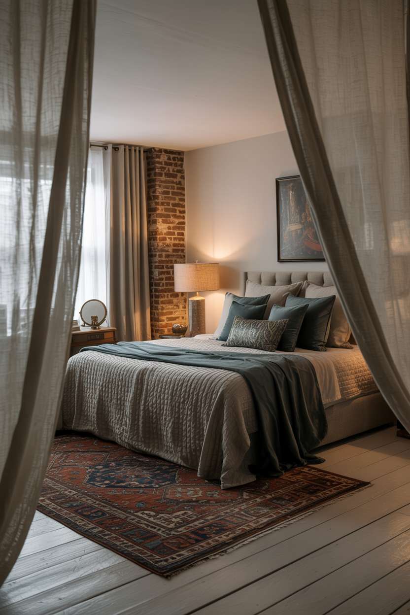 Eclectic bedroom with vintage Persian rug and exposed brick accent wall