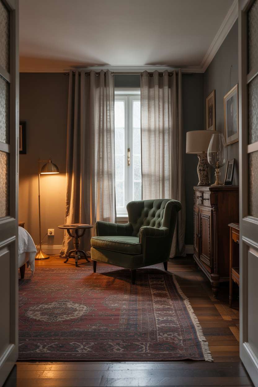 Bedroom with emerald green velvet armchair and vintage Persian rug