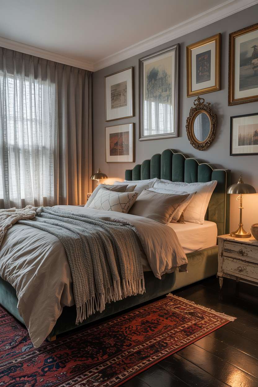 Eclectic bedroom with gallery wall of framed artwork and antique mirrors