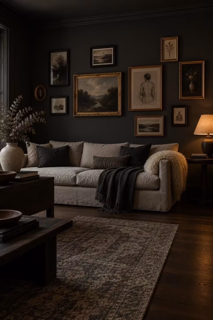 11 Rich Moody Eclectic Decor Ideas for a Collected Look 1 Sitting room with charcoal ink walls, a pale linen sofa, and a scattered arrangement of mismatched framed art under low warm lamplight.