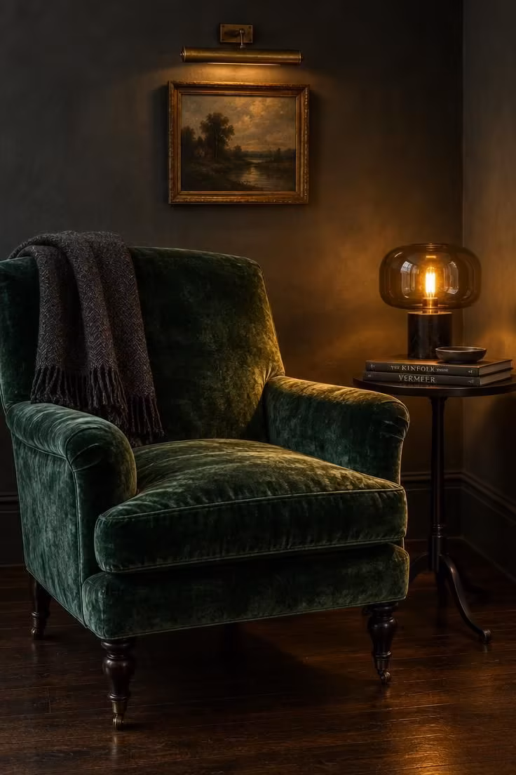 11 Rich Moody Eclectic Decor Ideas for a Collected Look 2 Emerald velvet armchair with turned legs against a slate wall, lit by a smoked glass lamp on a small side table.
