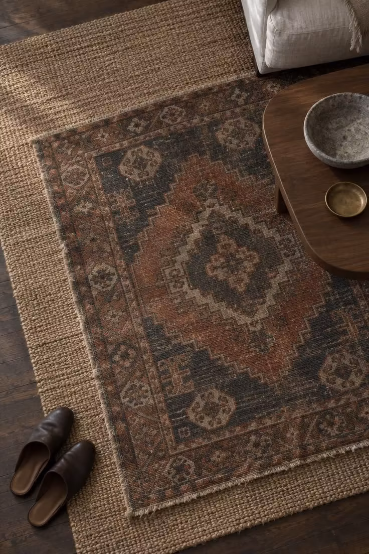 11 Rich Moody Eclectic Decor Ideas for a Collected Look 3 Overhead view of a vintage geometric wool rug layered at a slight angle over a larger jute rug on a dark wood floor.