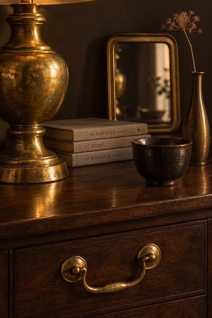 11 Rich Moody Eclectic Decor Ideas for a Collected Look 4 Close-up of an aged brass lamp base, brass drawer pull, and small brass-framed mirror arranged on a dark walnut surface.