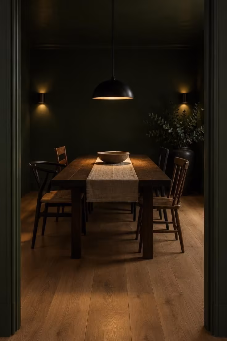 11 Rich Moody Eclectic Decor Ideas for a Collected Look 5 Doorway view into a dining room with deep forest green walls and ceiling, a low pendant, and two small wall sconces.