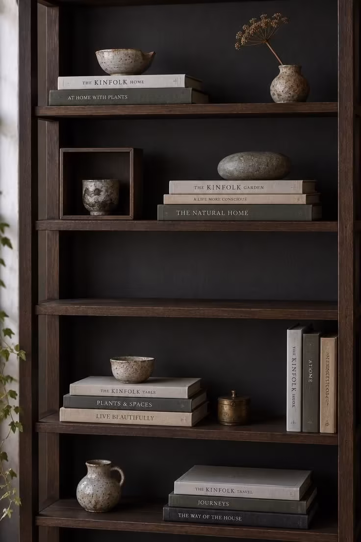 11 Rich Moody Eclectic Decor Ideas for a Collected Look 6 Open dark wood shelves with horizontal book stacks, small ceramics, and a stone object, separated by visible empty space.
