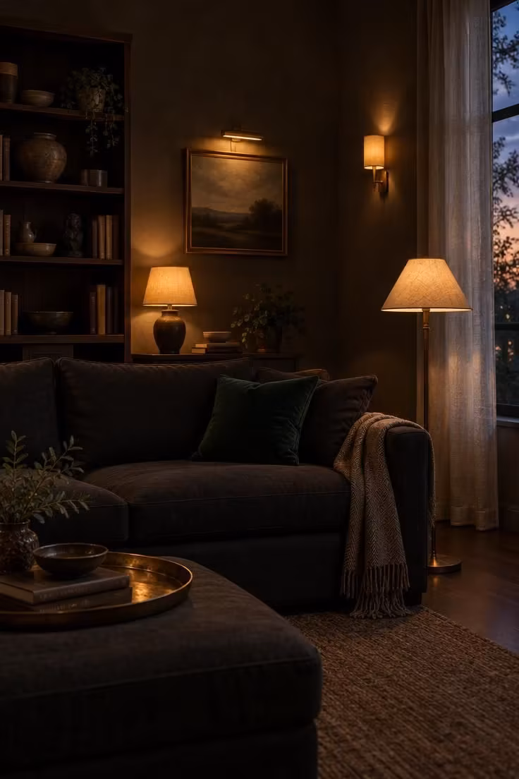 11 Rich Moody Eclectic Decor Ideas for a Collected Look 7 Living room at dusk with the ceiling light off and five small lamps glowing at different heights.