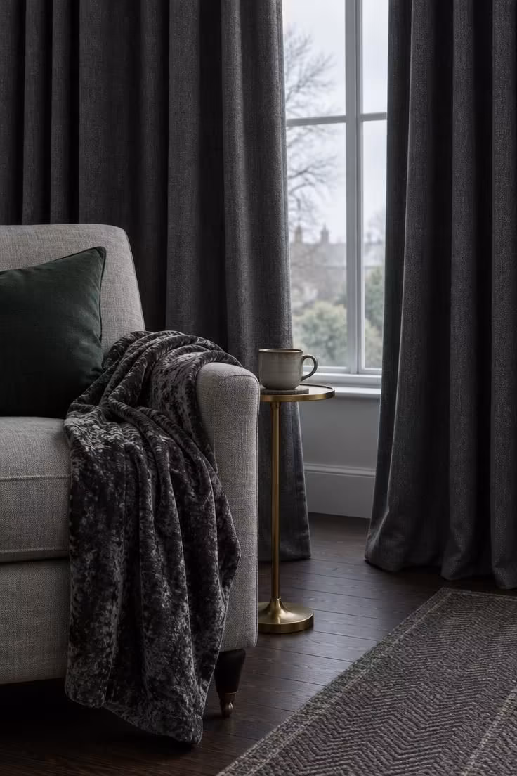11 Rich Moody Eclectic Decor Ideas for a Collected Look 8 Heavy charcoal curtains partially drawn across a tall window with a velvet throw draped over a nearby armchair.
