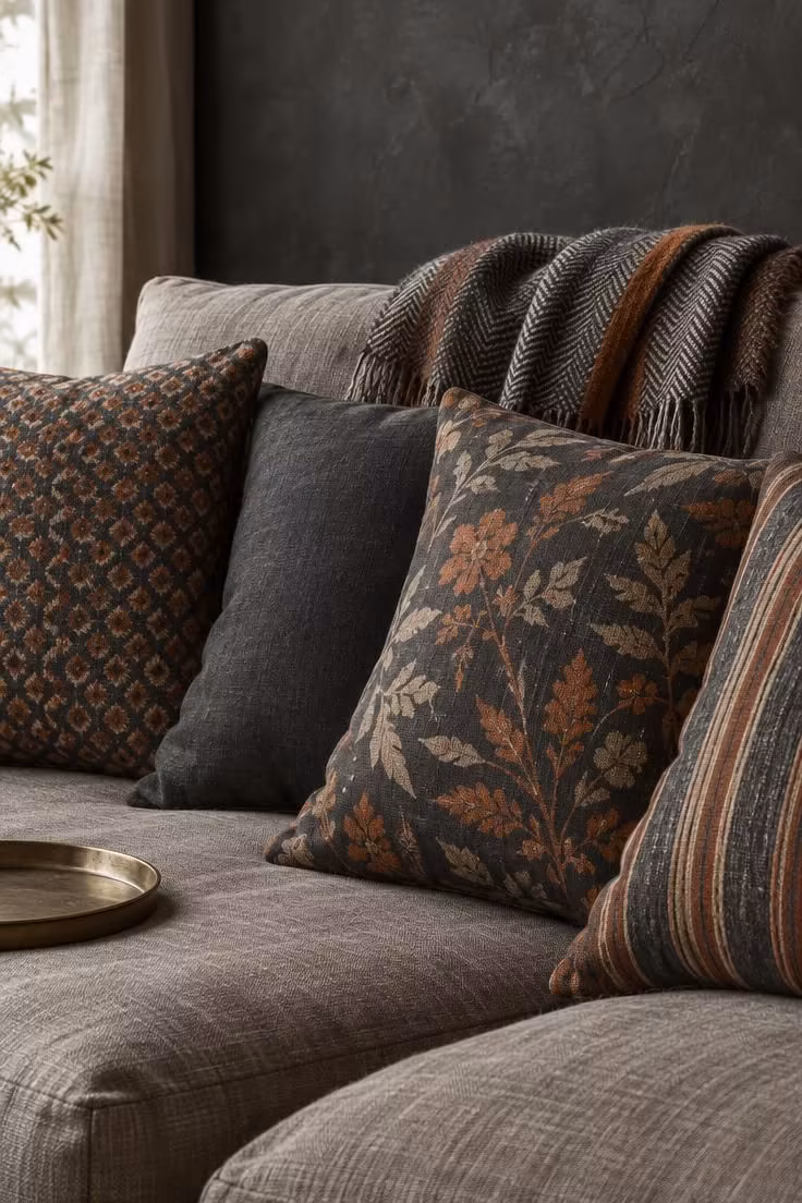 11 Rich Moody Eclectic Decor Ideas for a Collected Look 9 Sofa corner with three patterned cushions in geometric, botanical, and stripe designs sharing charcoal and rust tones.