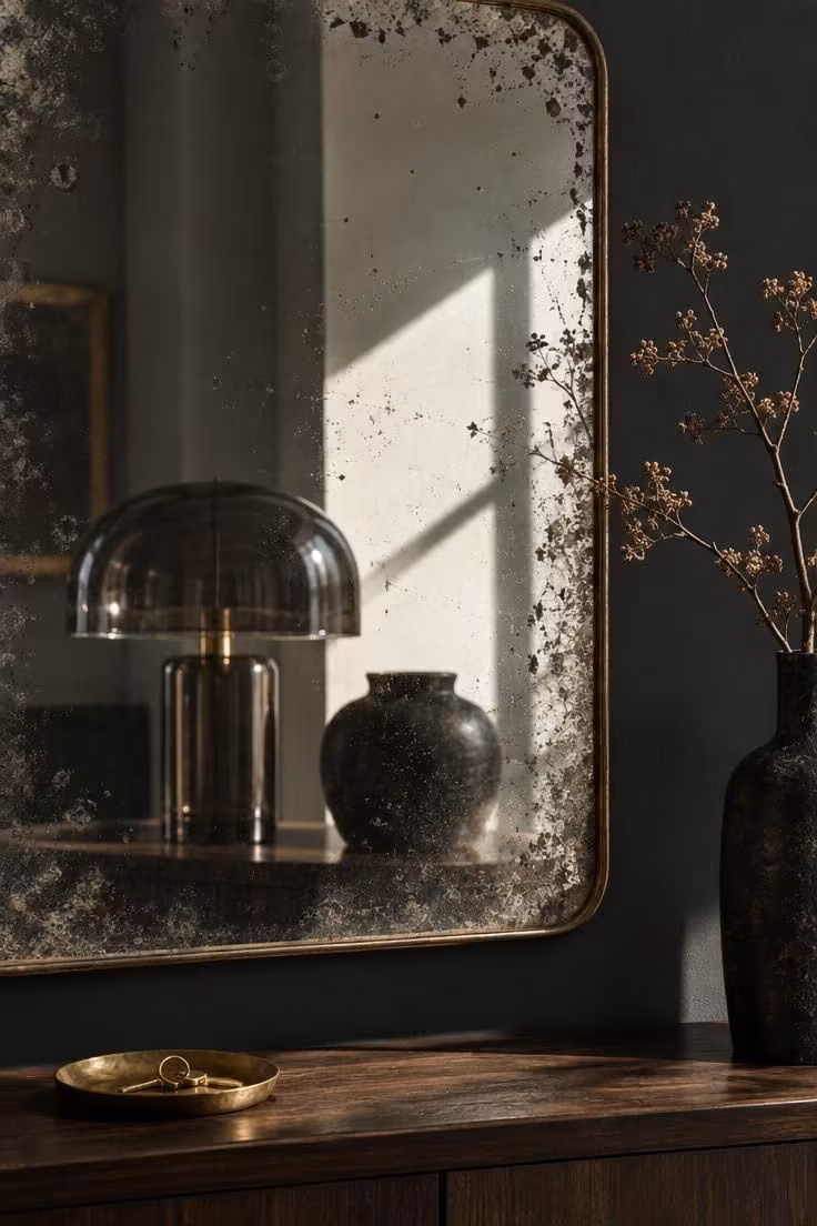 11 Rich Moody Eclectic Decor Ideas for a Collected Look 10 Antiqued mirror with foxed edges above a console, reflecting a smoked glass lamp and a dark ceramic vessel.