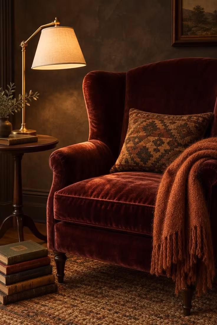 11 Rich Moody Eclectic Decor Ideas for a Collected Look 11 Deep burgundy velvet armchair with a brass reading lamp and a folded mohair throw in a dark reading corner.