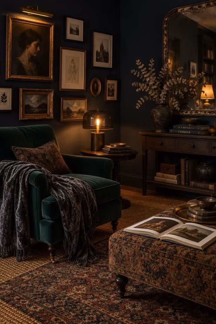 Simple Spaces 14 Cozy moody eclectic living room corner with ink walls, a gathered gallery of mismatched frames, an emerald velvet armchair, layered rugs, and warm lamplight.