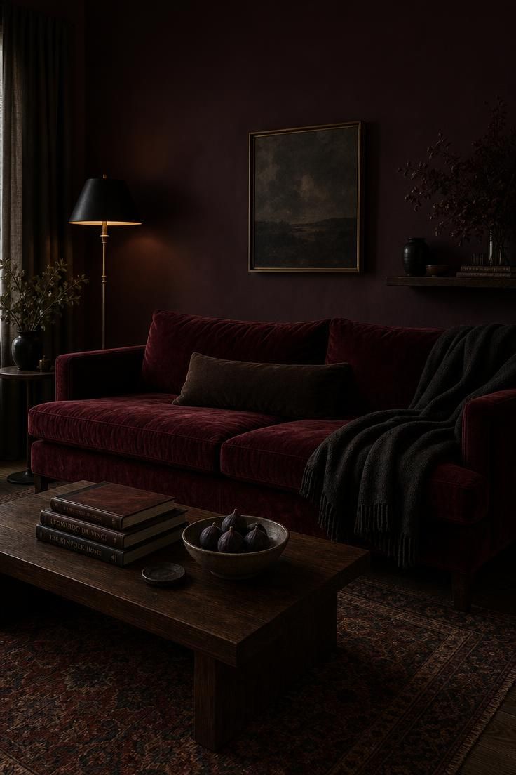 Oxblood velvet sofa with charcoal wool throws in a dim, moody living room.