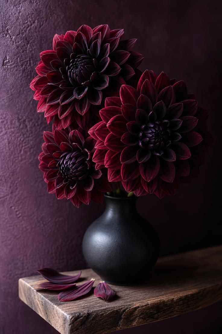 Dark burgundy dahlias in a matte black bud vase against a plum wall.
