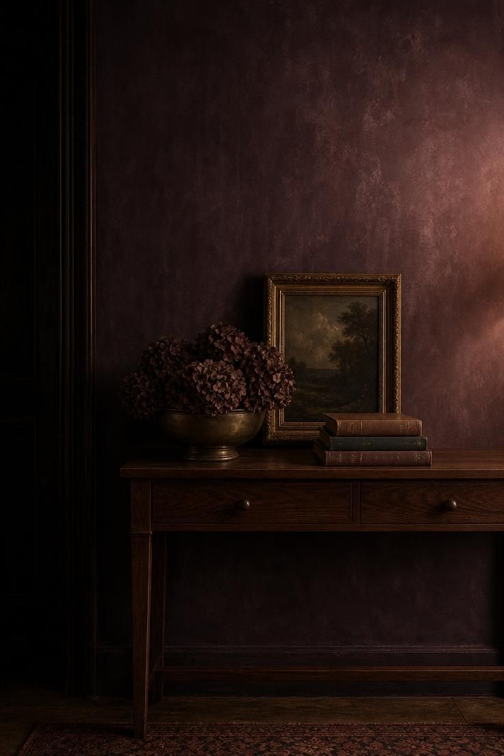 Walnut console against a plum limewash wall in dim, moody light.