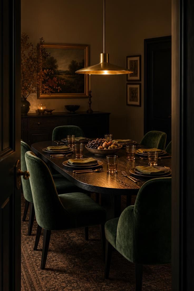 Forest green velvet dining chairs around a black oak table in warm light.