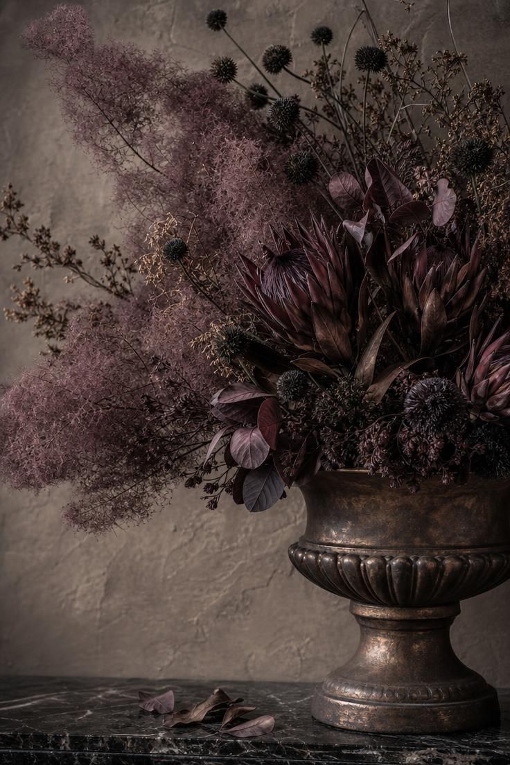 Dried smokebush and protea in a bronze urn under soft, diffused light.