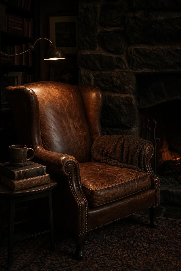 Cognac leather wingback with a chocolate mohair throw by a dark stone hearth.