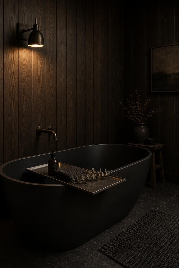 Matte black freestanding tub against espresso wood paneling in warm, low light.