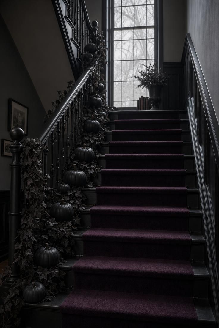 Charcoal-painted mini pumpkins along a blackened iron stair rail in gray light.