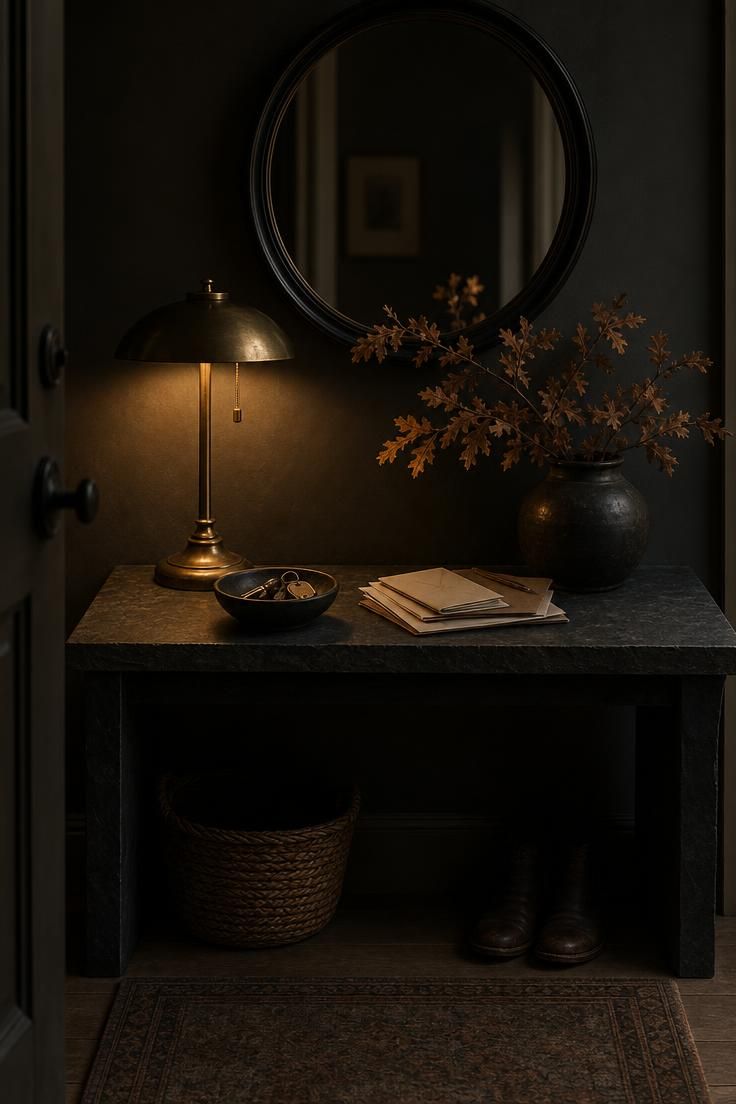 Brass table lamp glowing over a slate entry console in dim, moody light.