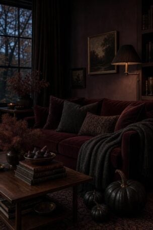 Moody autumn living room with an oxblood velvet sofa, dark pumpkins, and dim lamplight.