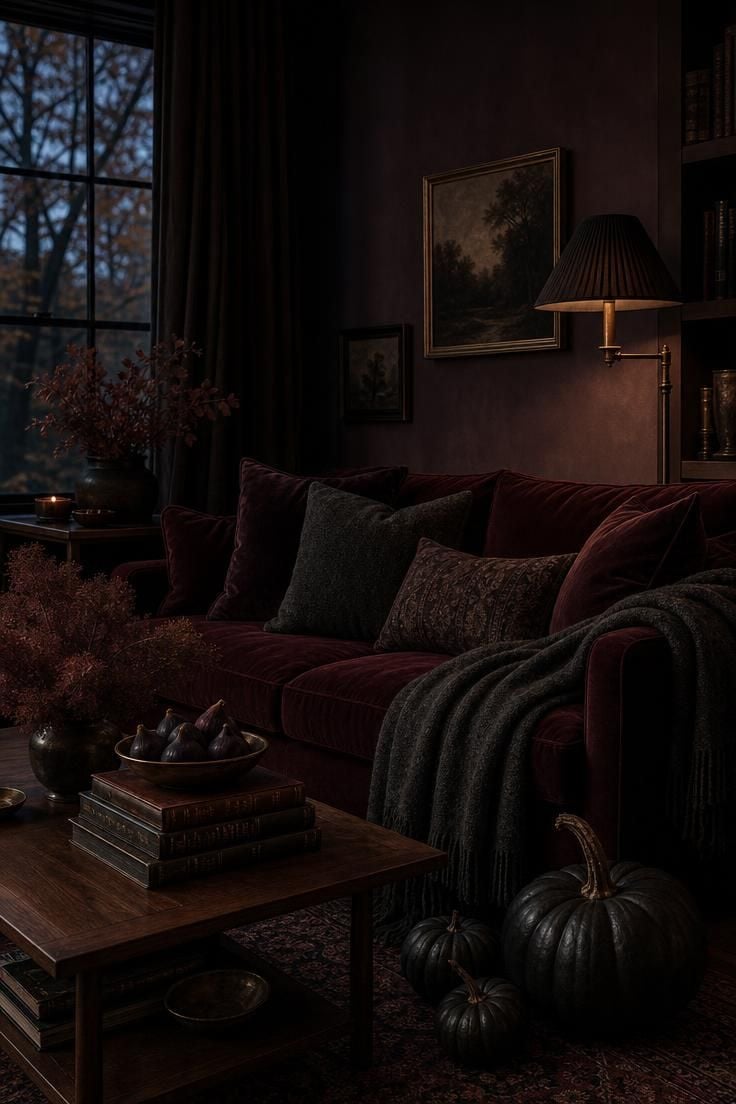Simple Spaces 18 Moody autumn living room with an oxblood velvet sofa, dark pumpkins, and dim lamplight.