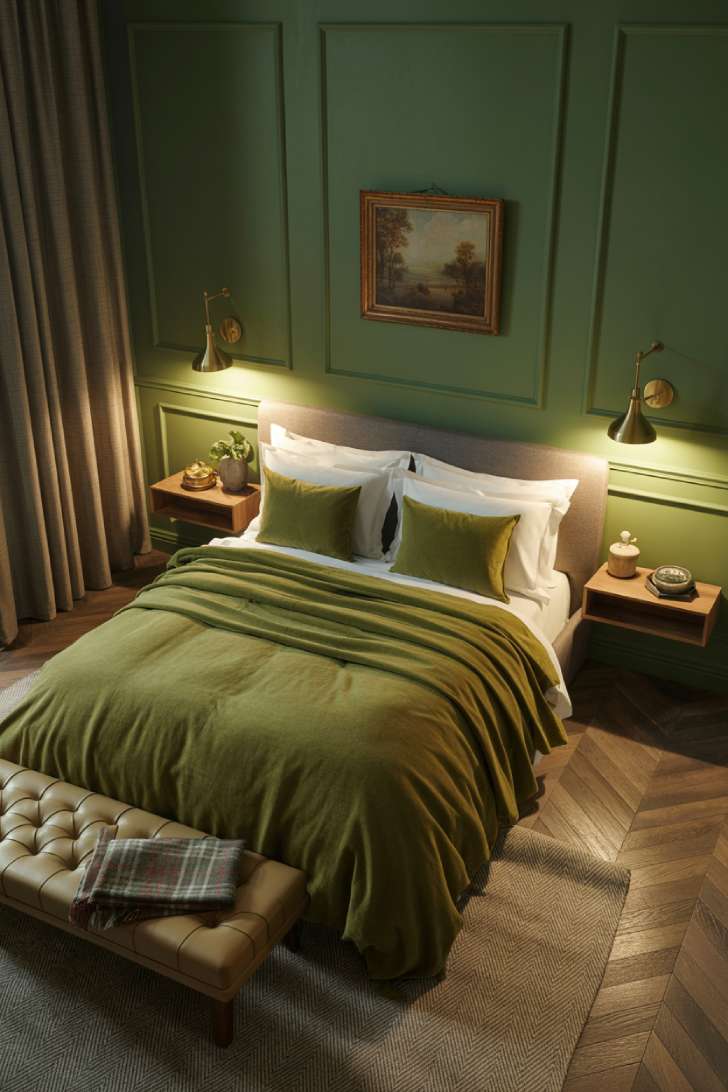 13 Moody Guest Bedroom Ideas for a Sophisticated Stay 2 Moody forest green guest bedroom with brass wall sconces, herringbone floors, and a vintage landscape painting above the bed