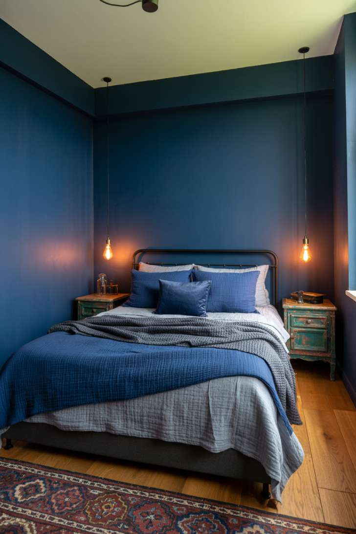 13 Moody Guest Bedroom Ideas for a Sophisticated Stay 3 Small moody guest bedroom with navy blue walls, black metal bed frame, Edison pendant lights, and Persian-style rug
