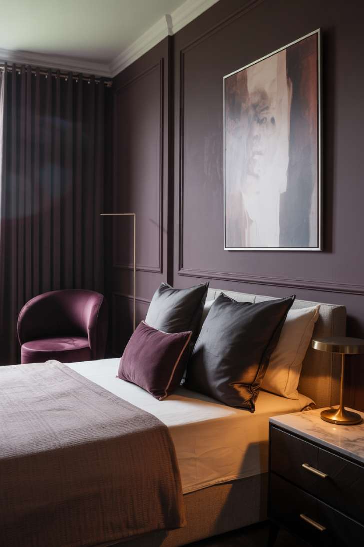13 Moody Guest Bedroom Ideas for a Sophisticated Stay 4 Sophisticated moody guest bedroom with dark plum walls, abstract art, curved wine velvet chair, and marble-top nightstand