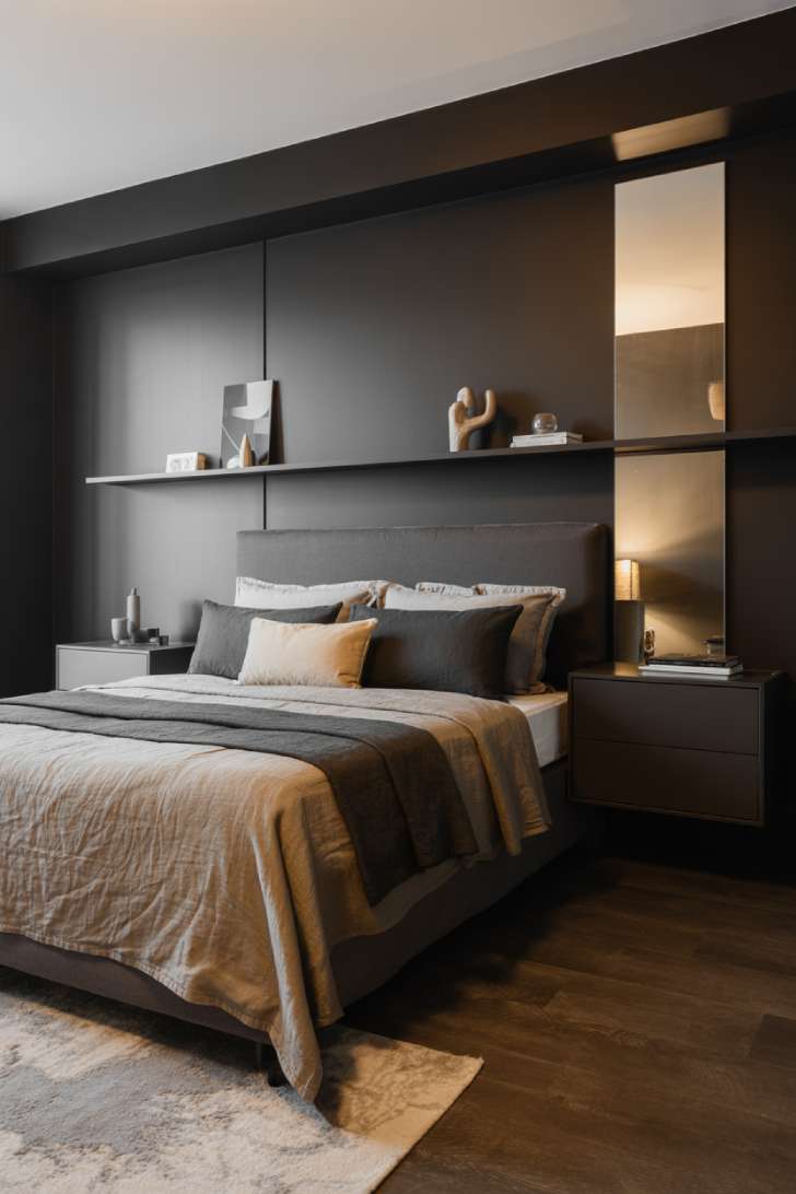 13 Moody Guest Bedroom Ideas for a Sophisticated Stay 5 Modern moody guest bedroom with matte black accent wall, round mirror, floating shelves, and layered neutral-toned bedding
