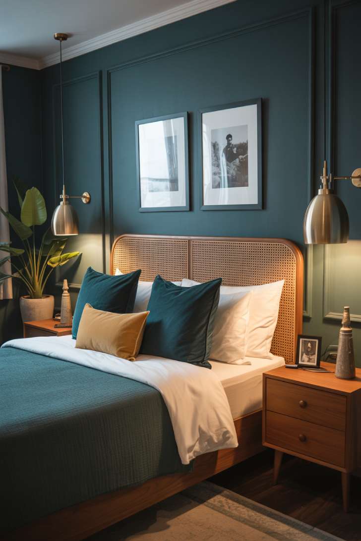 13 Moody Guest Bedroom Ideas for a Sophisticated Stay 6 Moody teal guest bedroom with cane headboard, brass pendant lights, gallery wall of black-and-white photos, and leafy corner plant