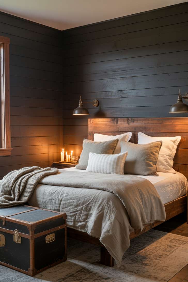 13 Moody Guest Bedroom Ideas for a Sophisticated Stay 7 Rustic moody guest bedroom with dark charcoal brown shiplap walls, reclaimed wood bed frame, industrial sconces, and vintage trunk