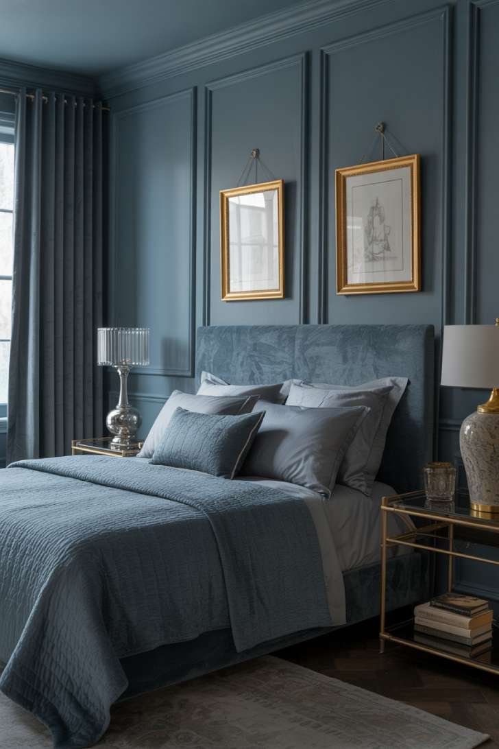 13 Moody Guest Bedroom Ideas for a Sophisticated Stay 8 Elegant moody guest bedroom with smoky blue-gray walls, wainscoting, slate upholstered bed, gold-framed art, and midnight blue velvet curtains