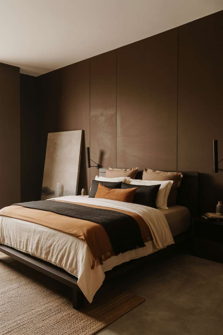13 Moody Guest Bedroom Ideas for a Sophisticated Stay 9 Contemporary moody guest bedroom with dark chocolate brown walls, platform bed, oversized leaning art canvas, and woven rug over concrete floors
