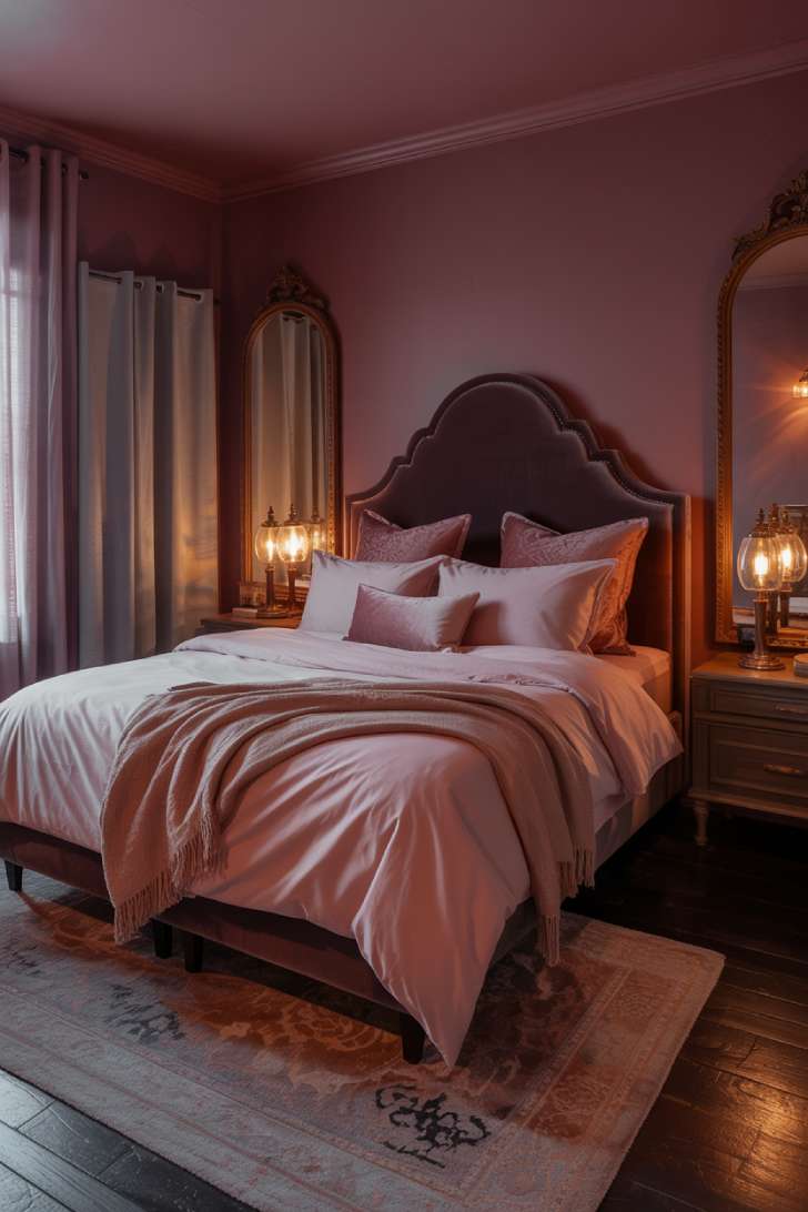 13 Moody Guest Bedroom Ideas for a Sophisticated Stay 10 Romantic moody guest bedroom with burgundy walls, arched velvet headboard, ornate vintage mirrors, and layered blush and charcoal bedding