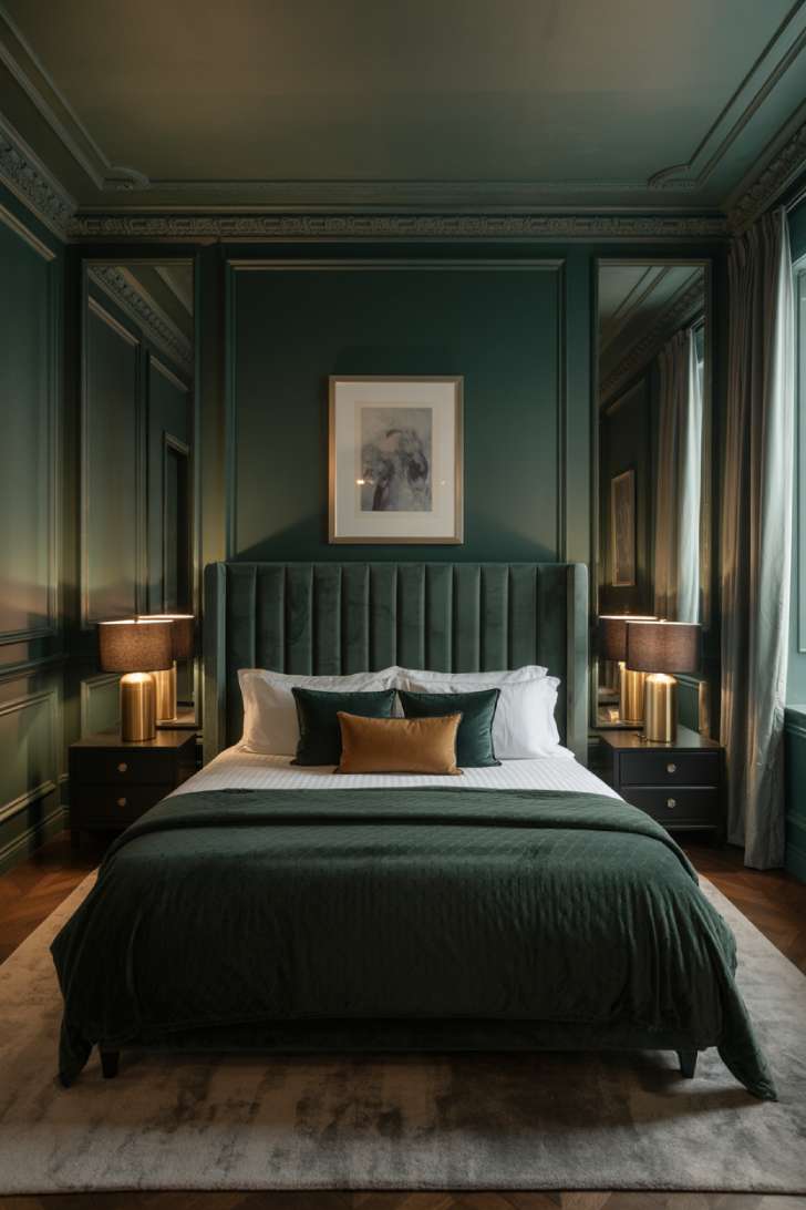 13 Moody Guest Bedroom Ideas for a Sophisticated Stay 13 Luxury moody guest bedroom with dark emerald walls, channel-tufted velvet headboard, black nightstands with brass lamps, and velvet curtains