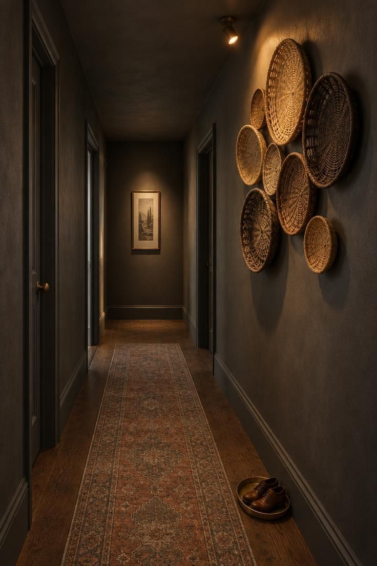 13 Warm & Moody Hallway Ideas for a Dark, Inviting Glow 1 A narrow hallway with matte charcoal walls, ceiling, and trim, a wall of woven cane, seagrass, and dark willow baskets lit by a small ceiling spot, an oak floor with a faded runner, and a framed print at the far end.