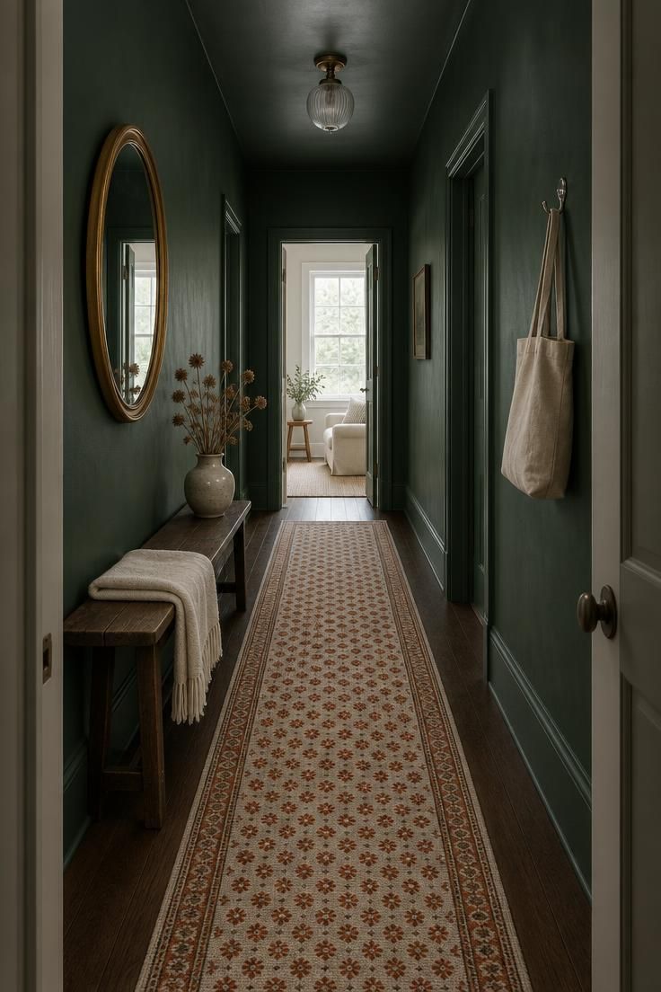 13 Warm & Moody Hallway Ideas for a Dark, Inviting Glow 2 A hallway with deep forest green walls, a rust and cream patterned wool runner, a dark wood bench, a round gilt mirror above it, and cool daylight from a doorway at the end.
