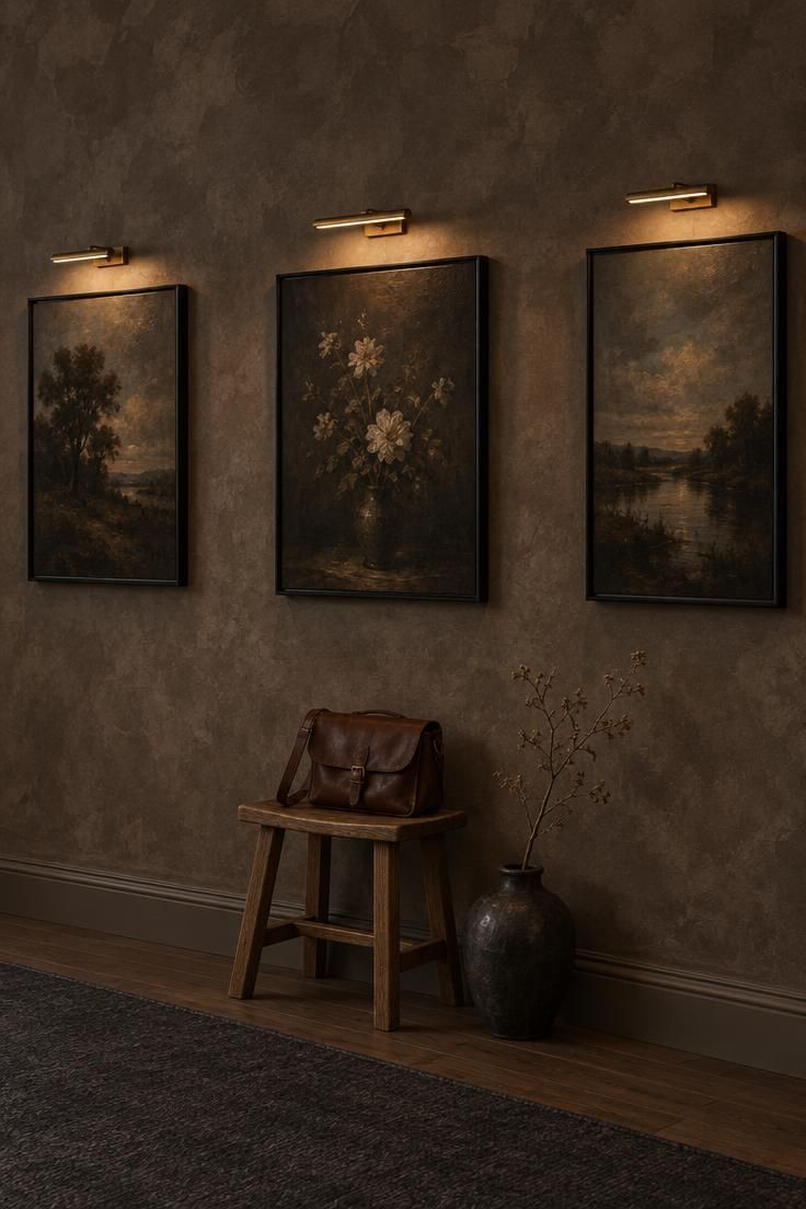 13 Warm & Moody Hallway Ideas for a Dark, Inviting Glow 3 Deep taupe limewash hallway walls with three dark oil paintings in black frames, each lit by a brass picture light, a charcoal runner below and an oak stool beneath the middle painting.