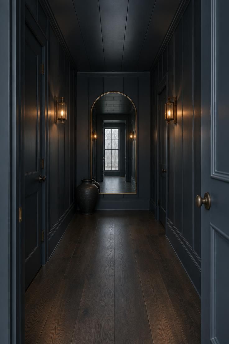 13 Warm & Moody Hallway Ideas for a Dark, Inviting Glow 4 A corridor with blue-black satin paneling on walls and ceiling, an arched brass-framed mirror at the end, two lantern sconces, dark wide-plank flooring, and a ceramic urn.