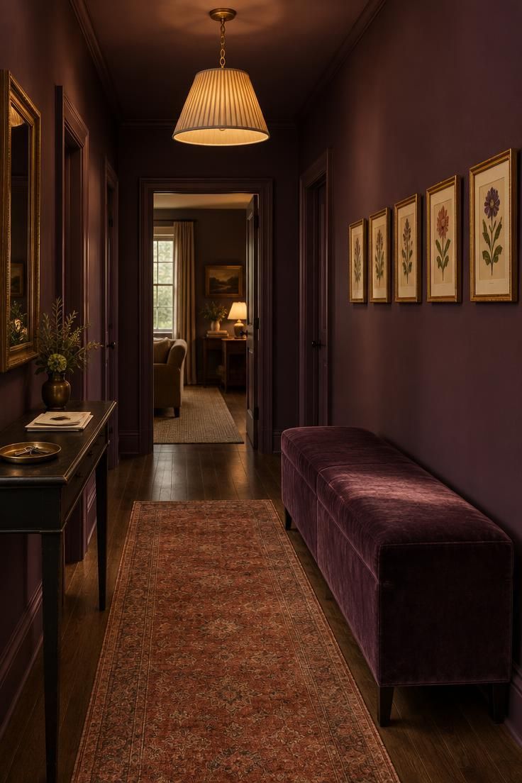 13 Warm & Moody Hallway Ideas for a Dark, Inviting Glow 5 A hallway with aubergine matte walls, a dark plum velvet bench beneath small gilt-framed botanical prints, a linen-shade pendant, a rust wool rug, and an ebonized console opposite.