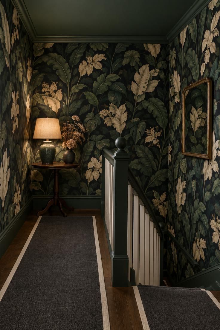 13 Warm & Moody Hallway Ideas for a Dark, Inviting Glow 6 A stair landing with dark botanical wallpaper in deep green, black, and cream, a deep green ceiling, a round table with a ceramic lamp, a charcoal stair runner with cream binding, and a small mirror.