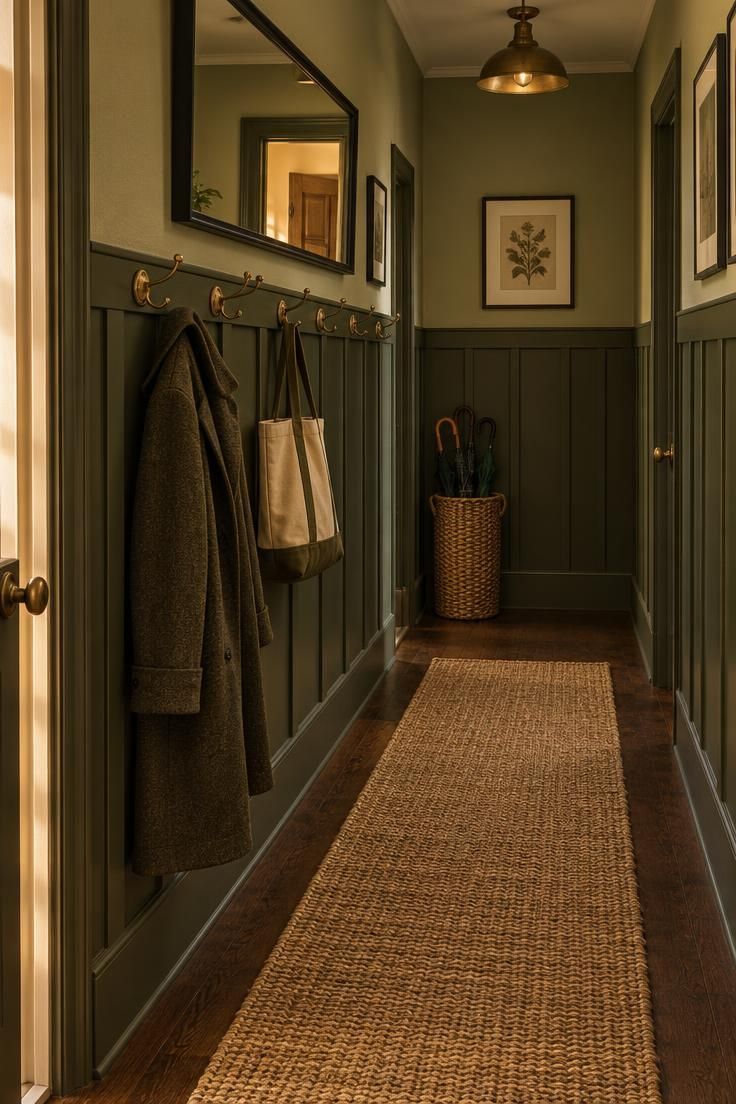 13 Warm & Moody Hallway Ideas for a Dark, Inviting Glow 7 A hallway with deep olive board-and-batten lower walls, lighter olive above, aged brass hooks holding coats, a jute runner, a black-framed mirror, and a woven basket at the end.