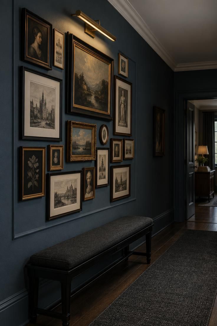 13 Warm & Moody Hallway Ideas for a Dark, Inviting Glow 8 Smoky blue hallway walls with a dense gallery wall of dark-framed art, a brass picture light above, an ebonized bench with a charcoal cushion, and a charcoal runner.