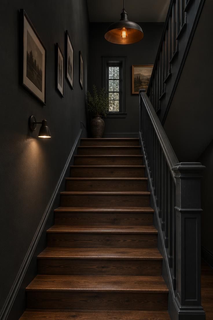 13 Warm & Moody Hallway Ideas for a Dark, Inviting Glow 9 A stair hall with graphite walls and balustrade, dark wood treads, one large blackened metal pendant with a warm bulb at the top, and a slim wall lamp on the lower stair.