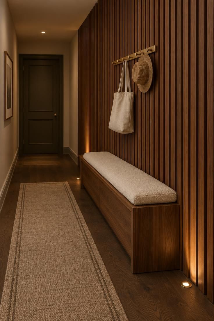 13 Warm & Moody Hallway Ideas for a Dark, Inviting Glow 10 A narrow hallway with full-height walnut slats on one wall, a low wood bench with a cream boucle cushion, floor uplights casting amber light across the slats, and a brass hook rail with a linen tote and woven hat.