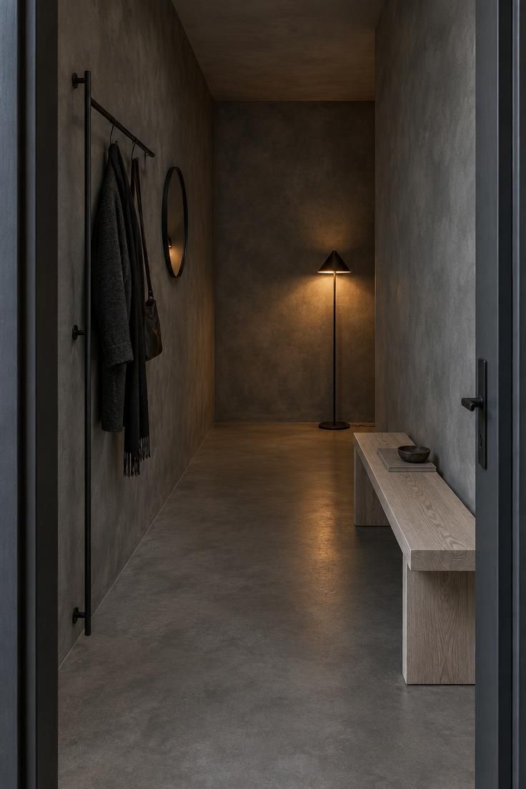 13 Warm & Moody Hallway Ideas for a Dark, Inviting Glow 11 A hallway with dark grey microcement walls and floor, a blackened steel coat rack and round mirror, a pale ash bench, and a slim floor lamp glowing at the far end.