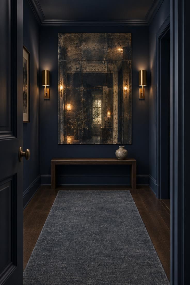13 Warm & Moody Hallway Ideas for a Dark, Inviting Glow 12 A hallway with deep navy walls and ceiling, a large antiqued mirror tile panel at the end flanked by two brass sconces, a dark wood bench below, and a blue-grey runner.