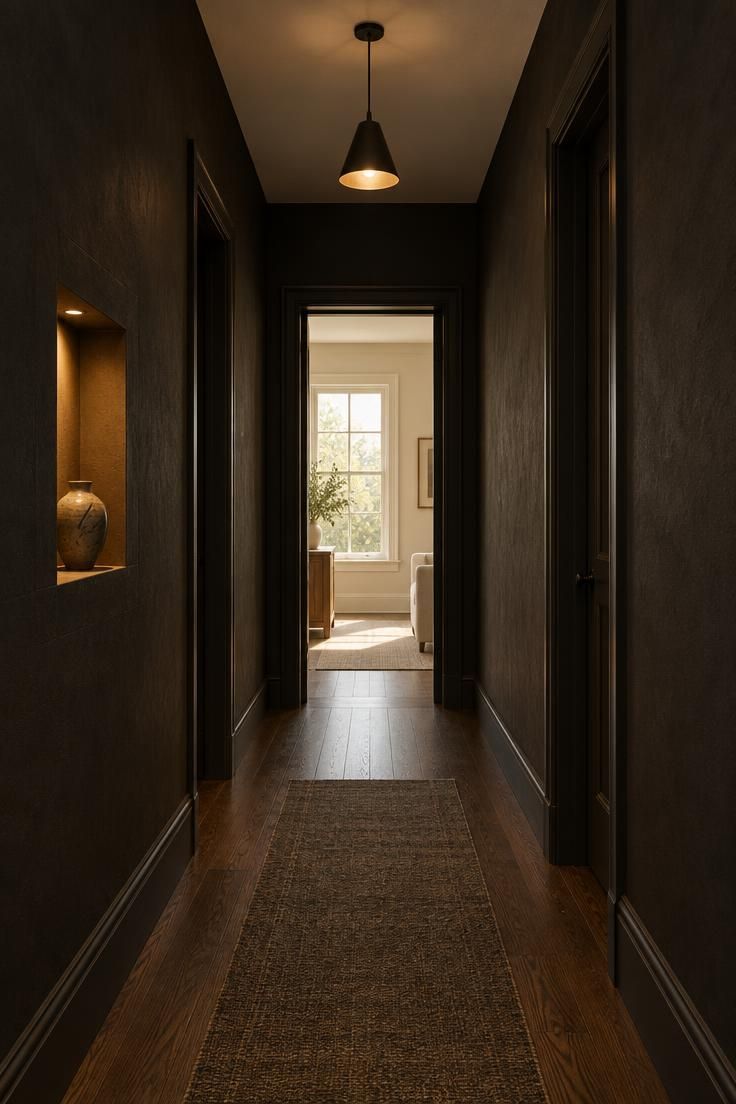 13 Warm & Moody Hallway Ideas for a Dark, Inviting Glow 13 A narrow dark hallway with matte off-black walls, a white ceiling, a small lit wall niche, and a bright sunlit room visible through the dark-trimmed opening at the end.